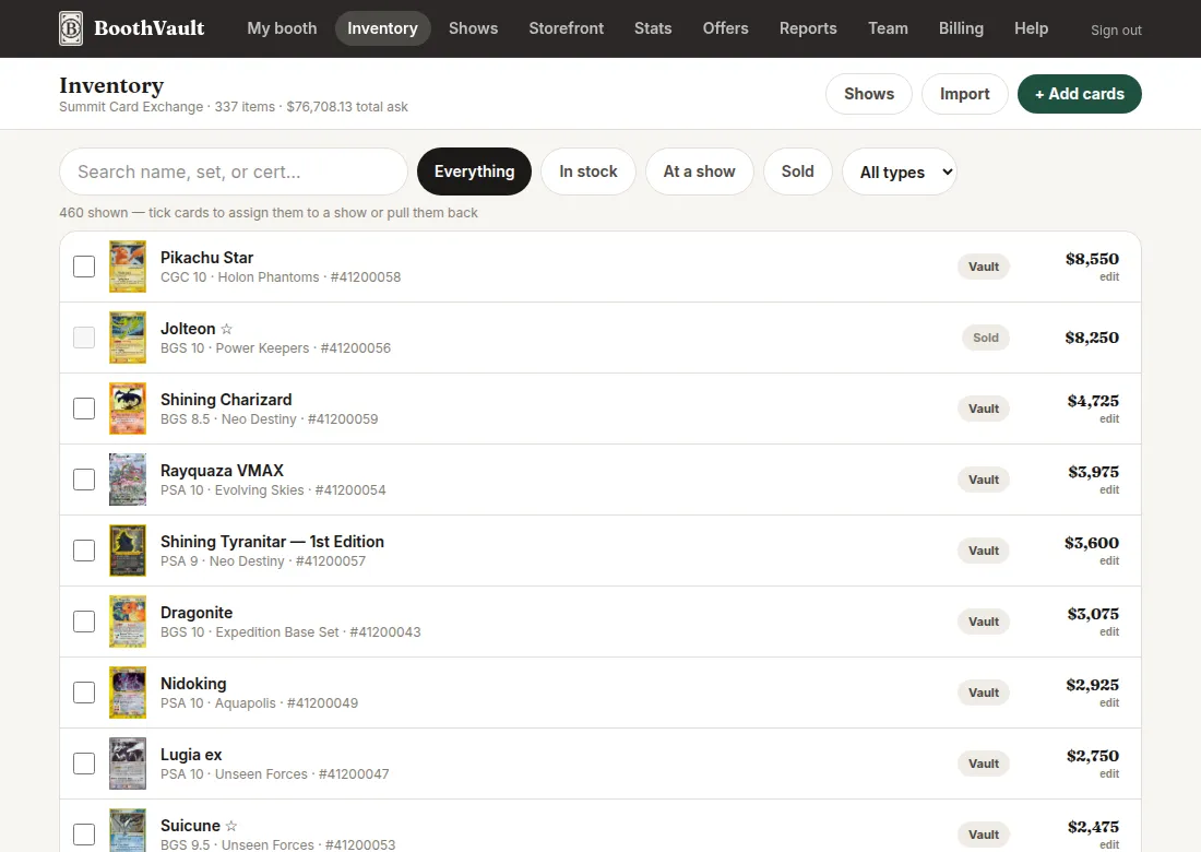 The inventory page: priced list of cards with Add cards and Import buttons
