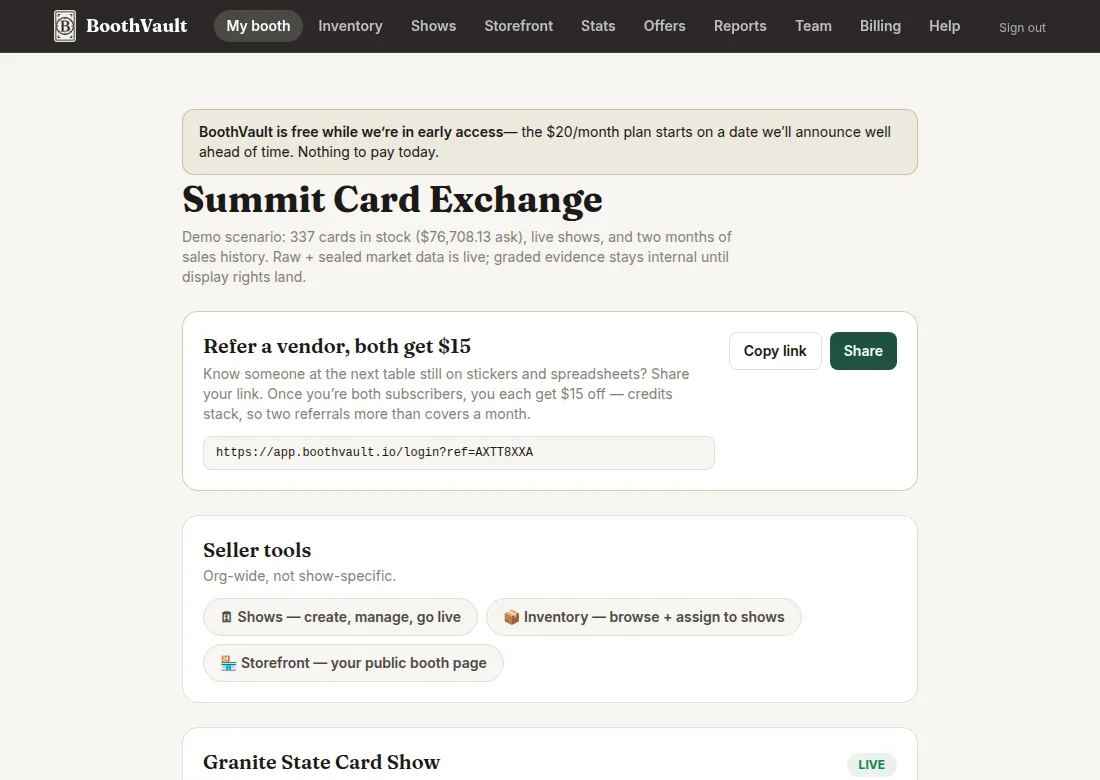 The booth dashboard with the referral card