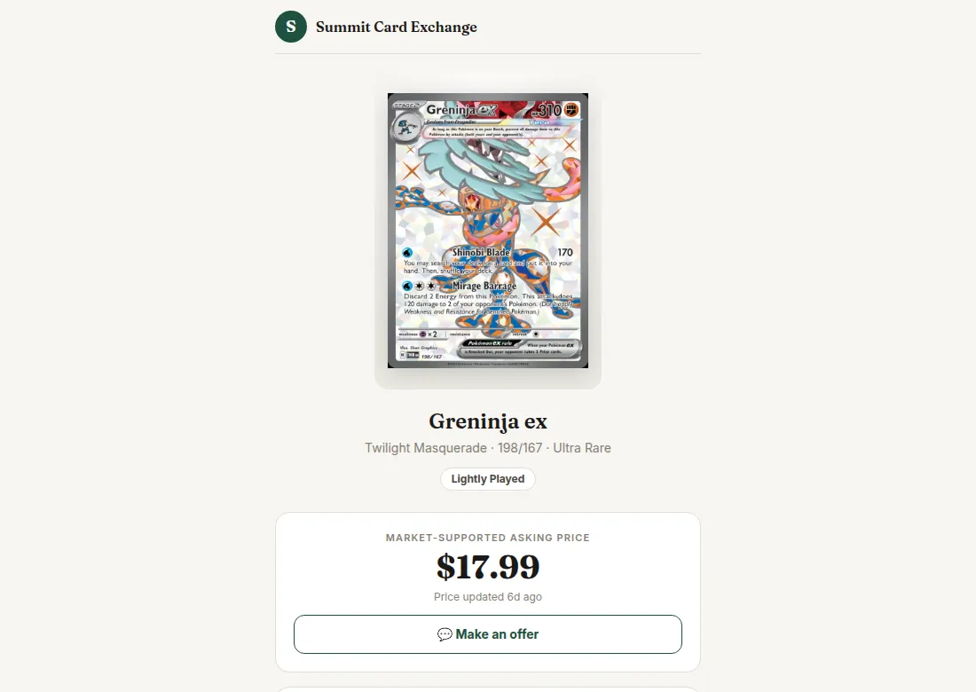 What a buyer sees on a card page, with the Make an offer button