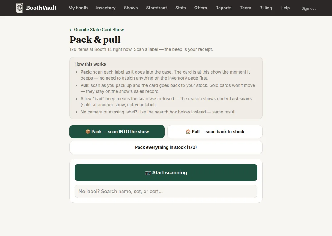 Pack and pull: scan buttons plus the one-tap Pack everything in stock