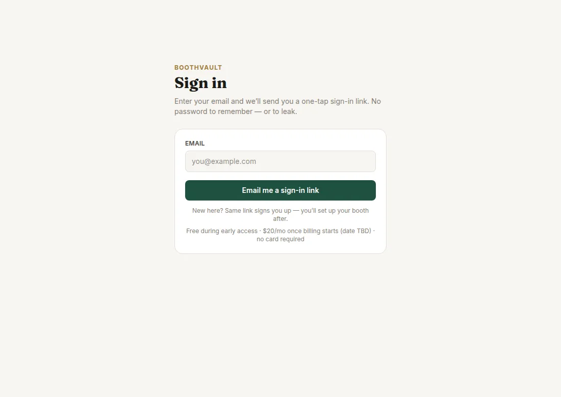 The BoothVault sign-in page: enter an email, get a one-tap link