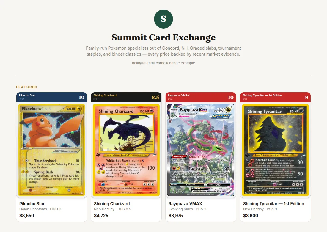 A public storefront with featured graded cards and live prices