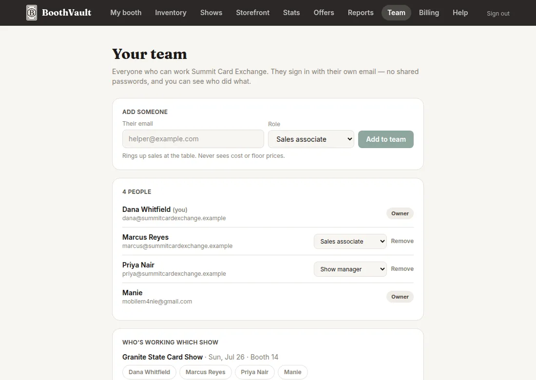 The team page with per-person roles